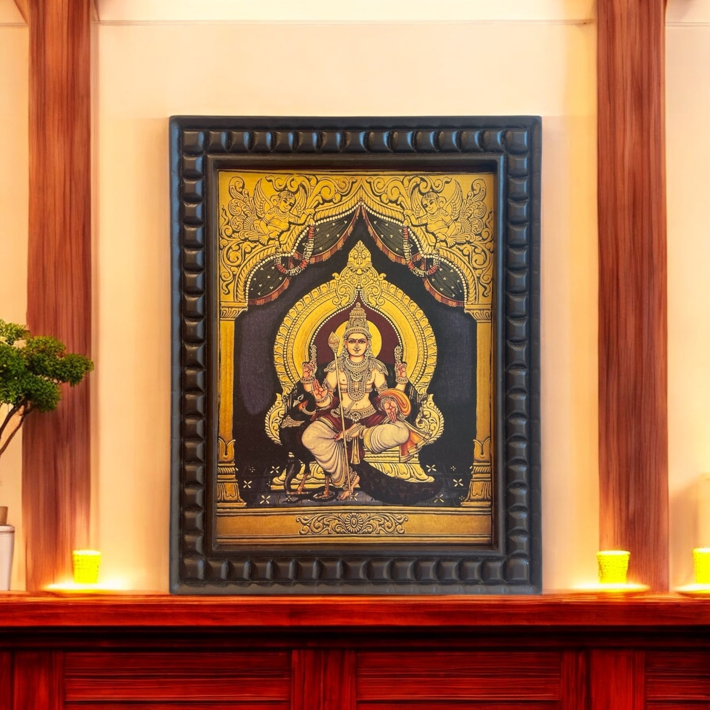 Gold Leafed Art Karthikeya With His Vahan Peacock With Wooden Frame