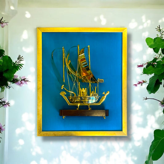 Brass Ship with Blue Silk in Gold Frame