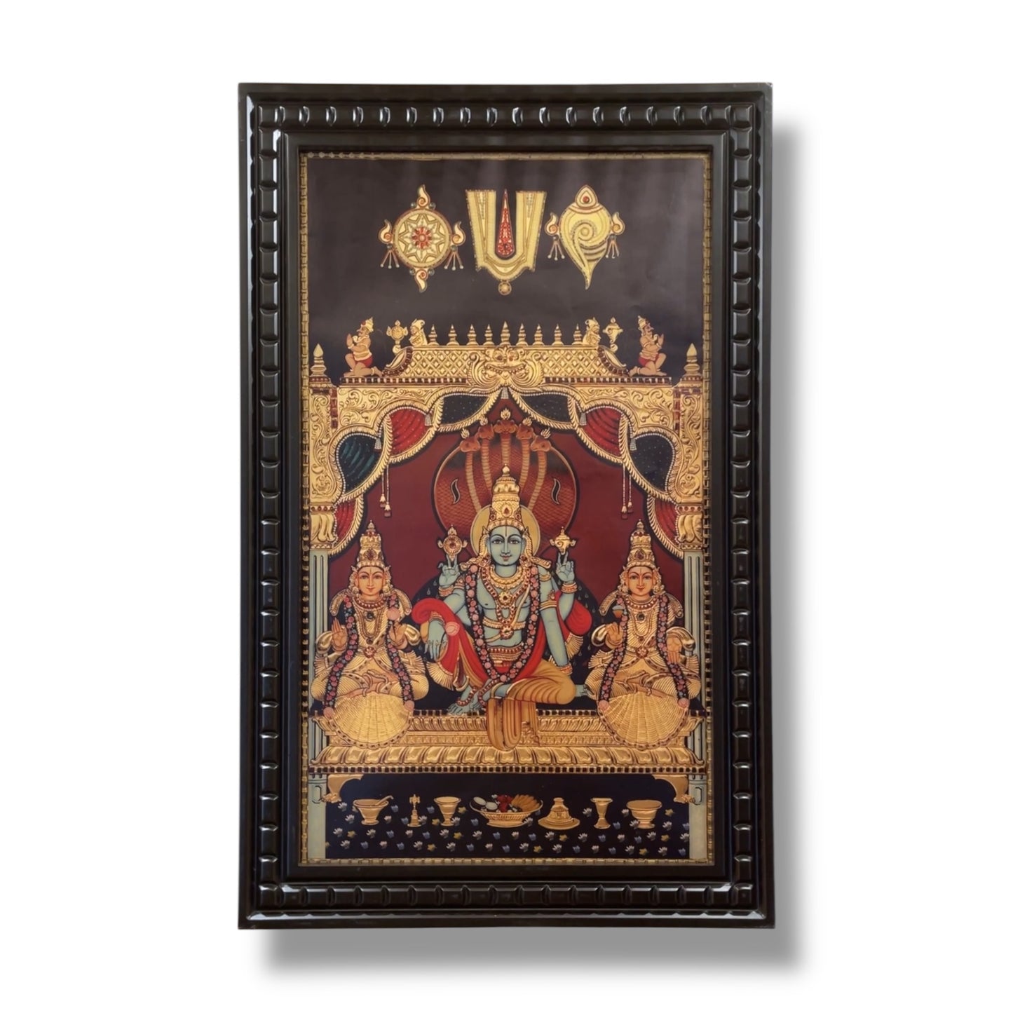 Vishnu: Gold Leafed Art Mahavishnu with Bhudevi & Shreedevi With Wooden Frame