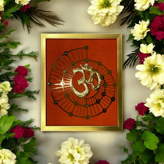 Brass Om & Fibonacci with Red silk in gold frame