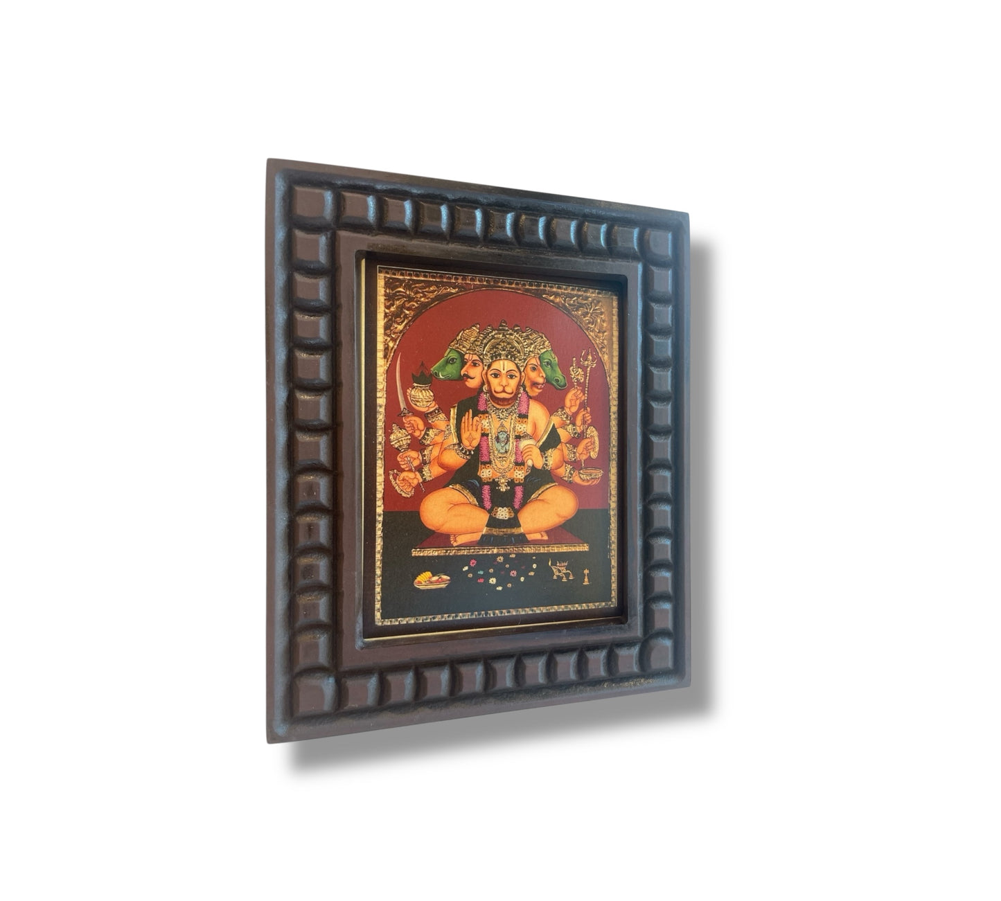 Gold Leafed Art Panchmukhi Hanuman With Wooden Frame