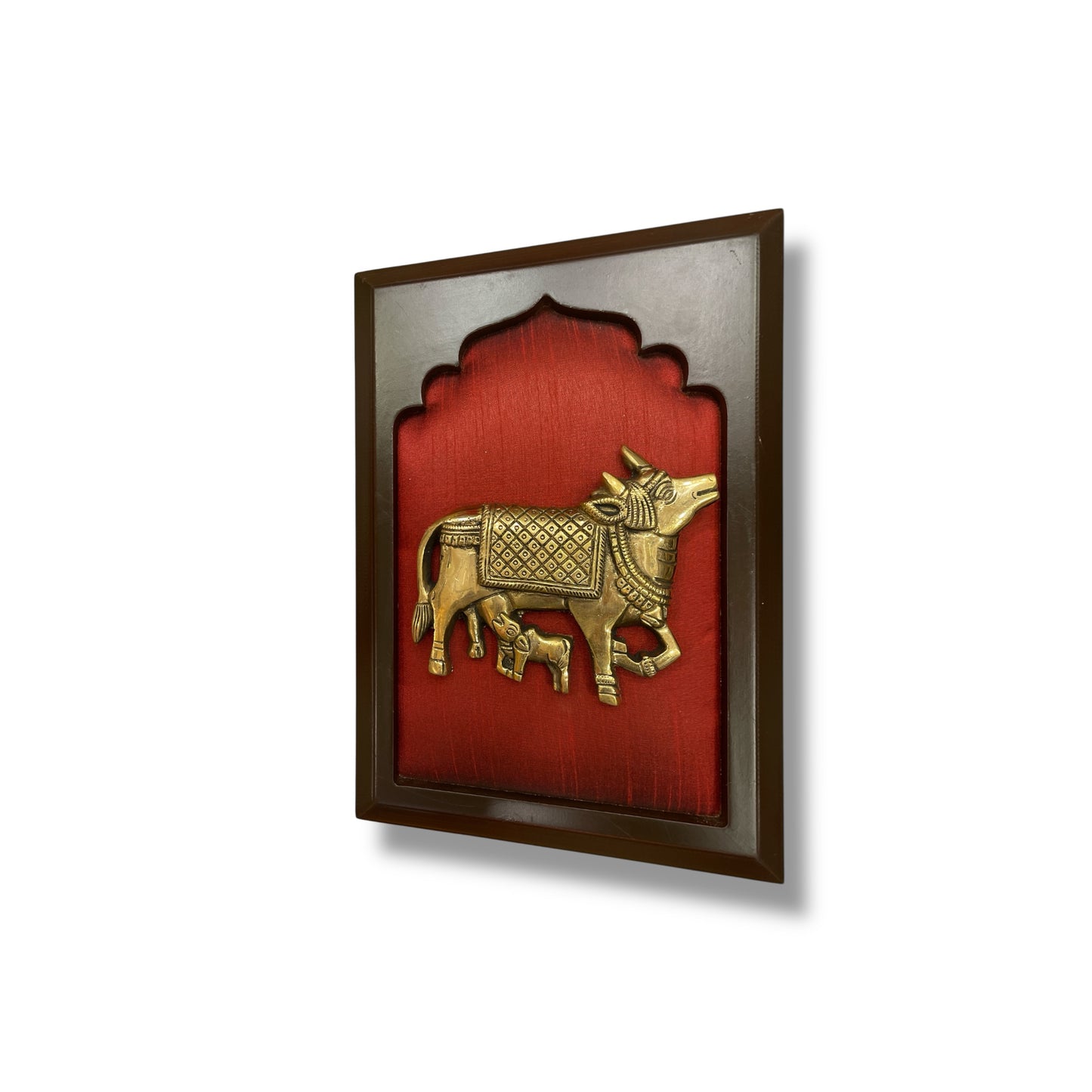 Brass Kamadhenu Cow and Calf on Red Silk in Wooden Frame
