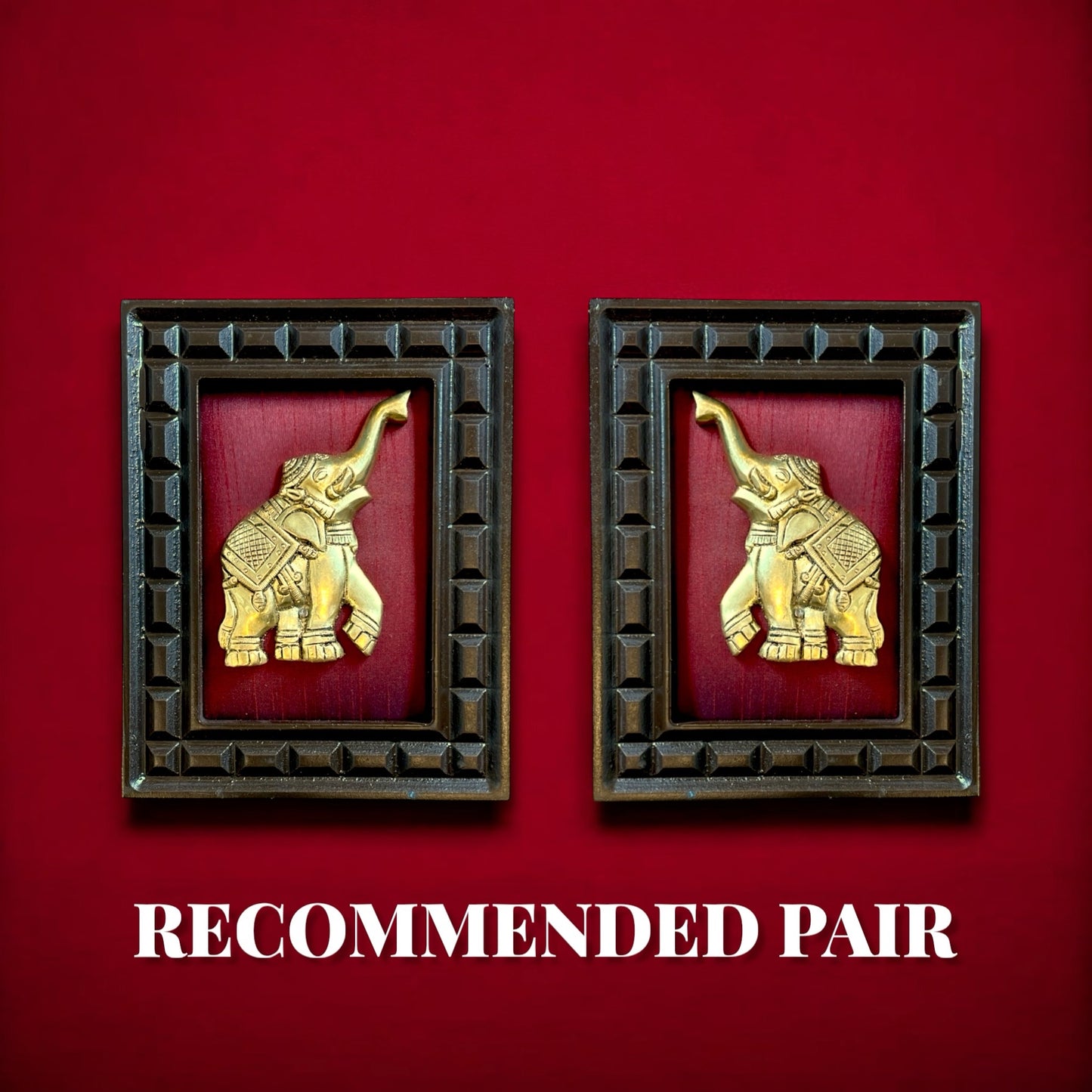Brass Elephant on wine Red Silk in Wooden Frame