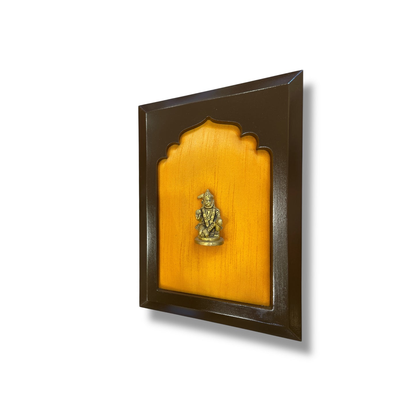Brass Hanuman Miniature Sculpture on Orange Silk in Wooden Frame