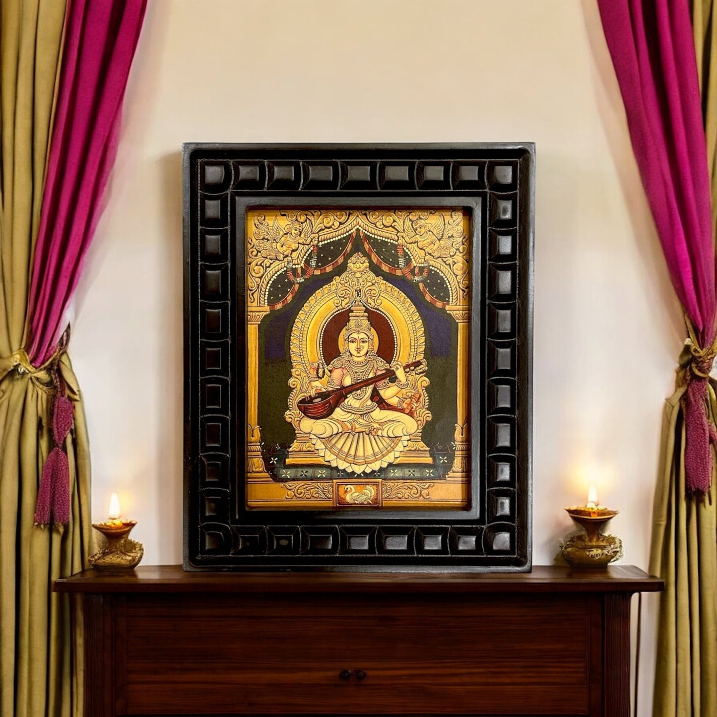 Goddess Saraswati Gold Leafed Art With Wooden Frame