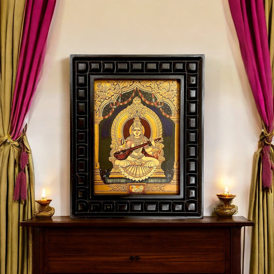 Goddess Saraswati Gold Leafed Art With Wooden Frame