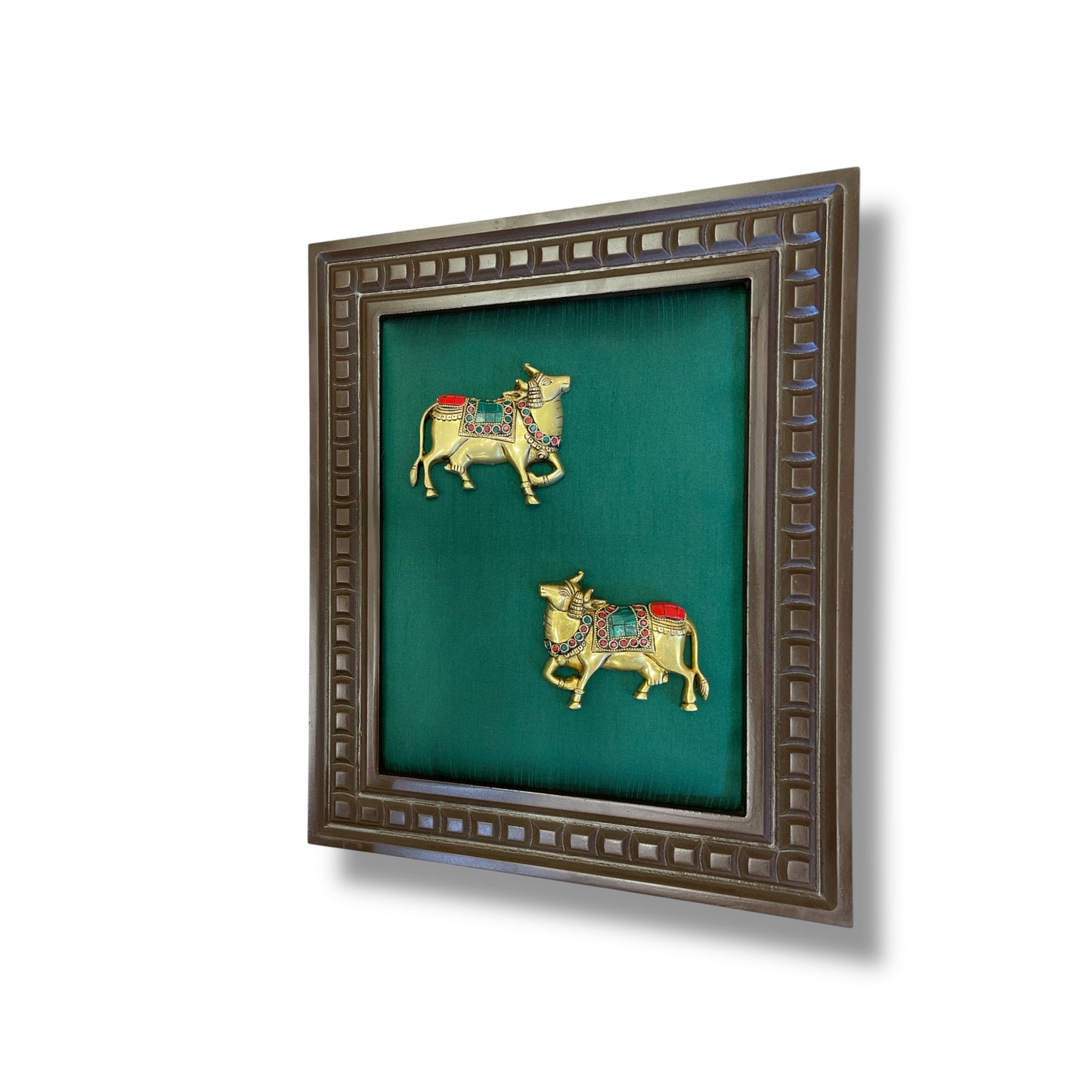 Brass Kamadhenu with stonework & Green Silk in Wooden frame
