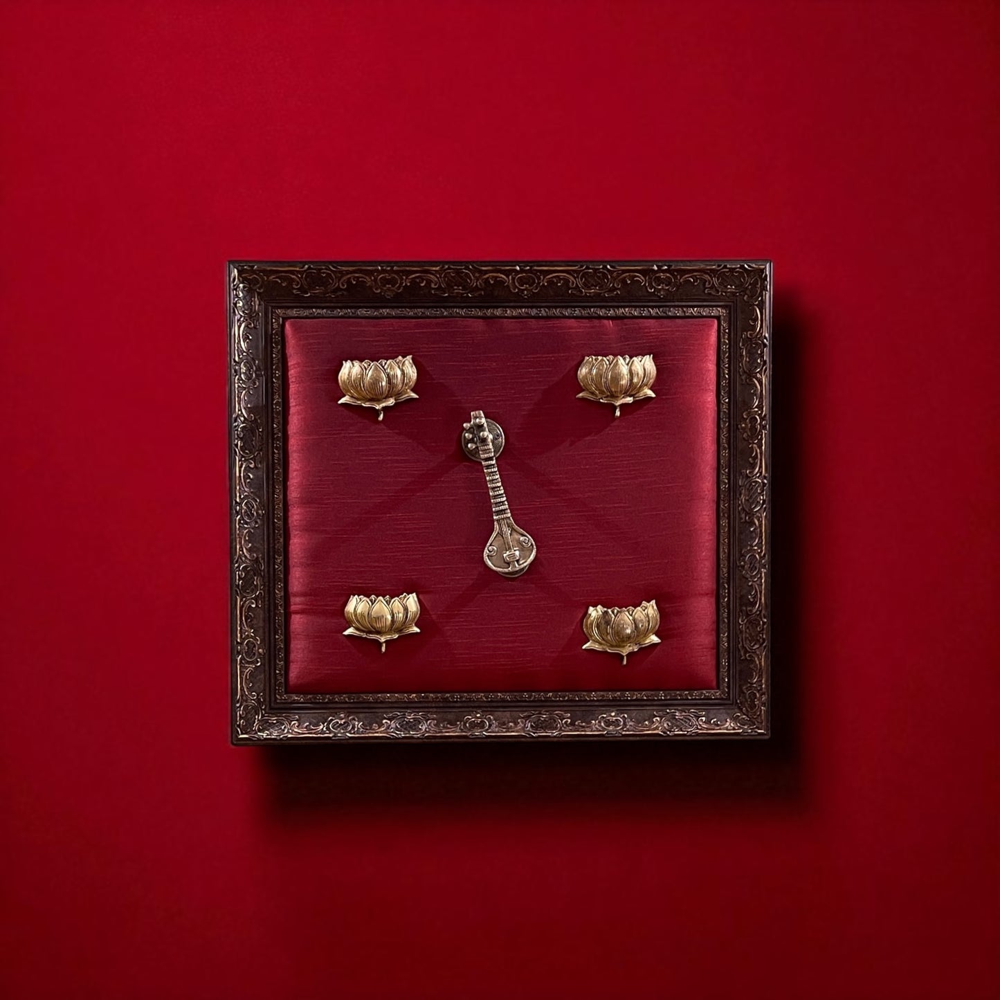 Brass Veena with 4 Lotus on Red Silk Backdrop in Moulded Frame