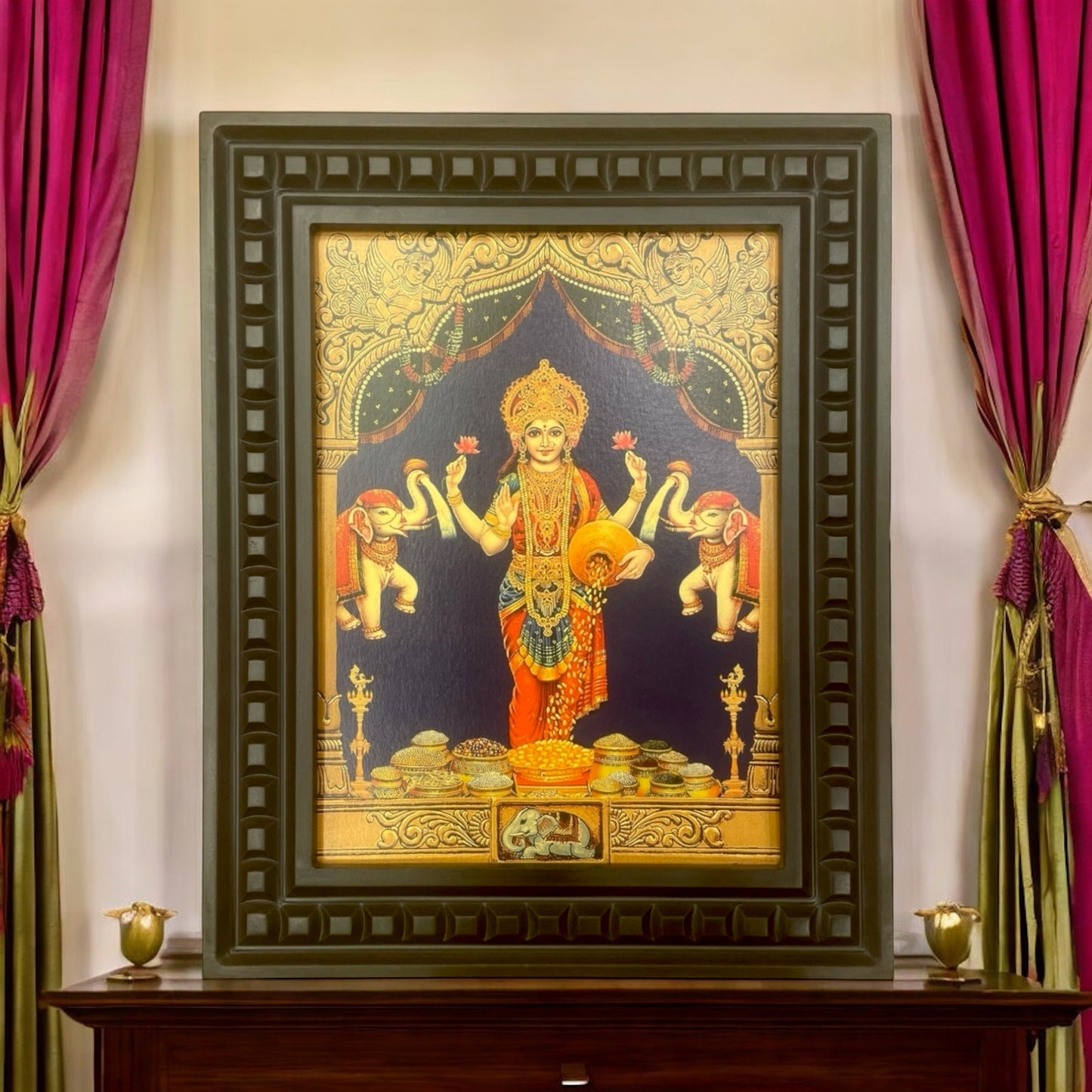 Gaja Lakshmi-3 Gold Leafed Art within Wooden frame