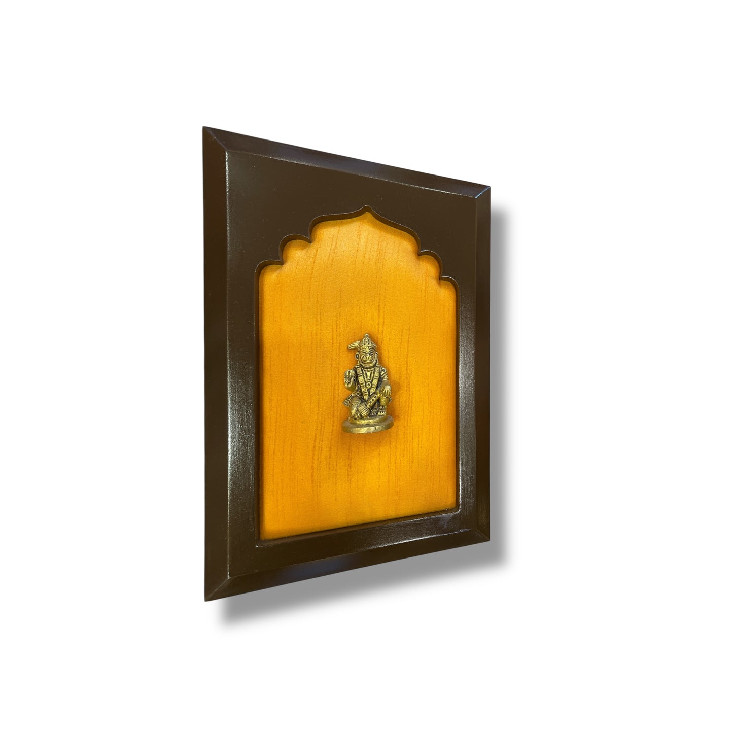Brass Hanuman Miniature Sculpture on Orange Silk in Wooden Frame
