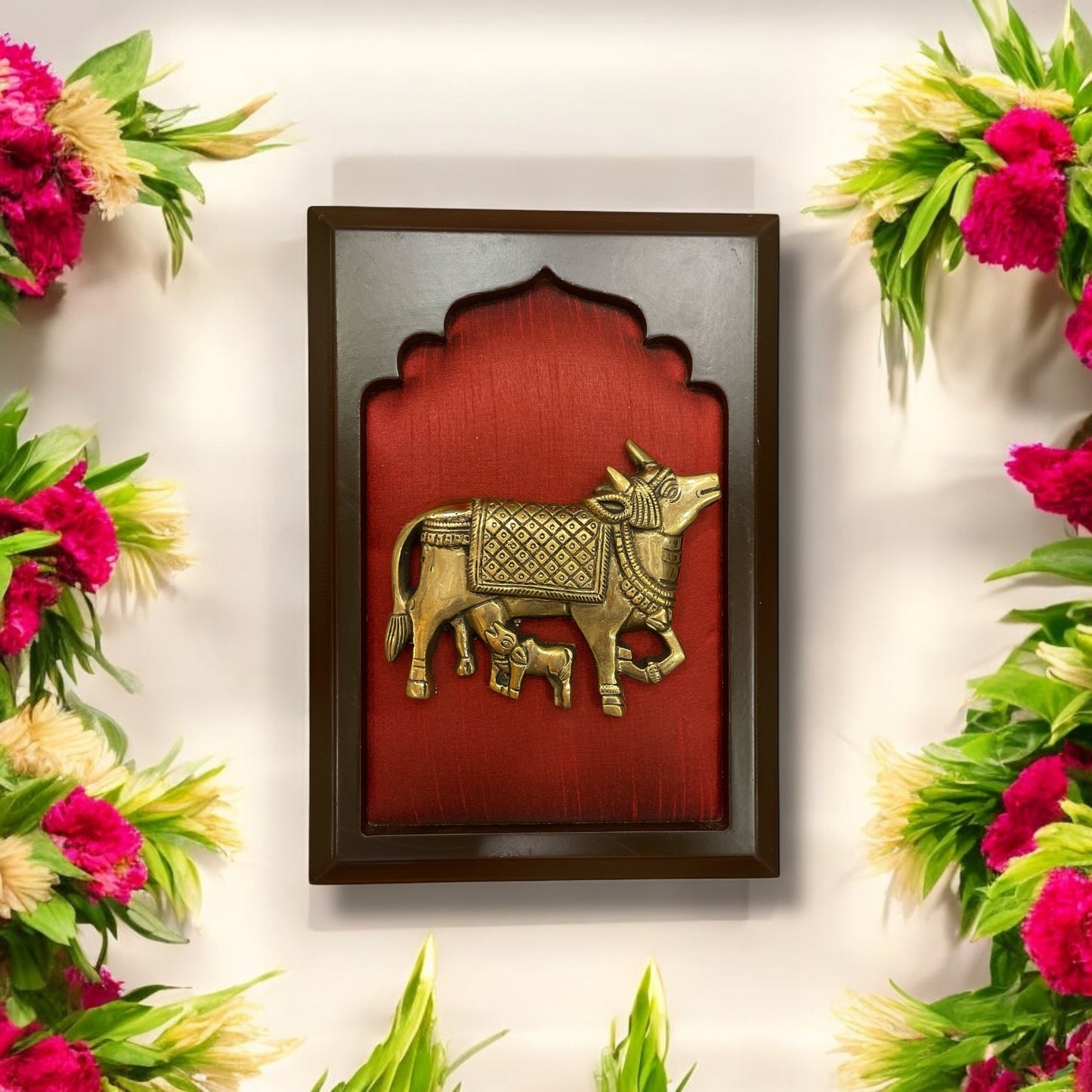 Brass Kamadhenu Cow and Calf on Red Silk in Wooden Frame