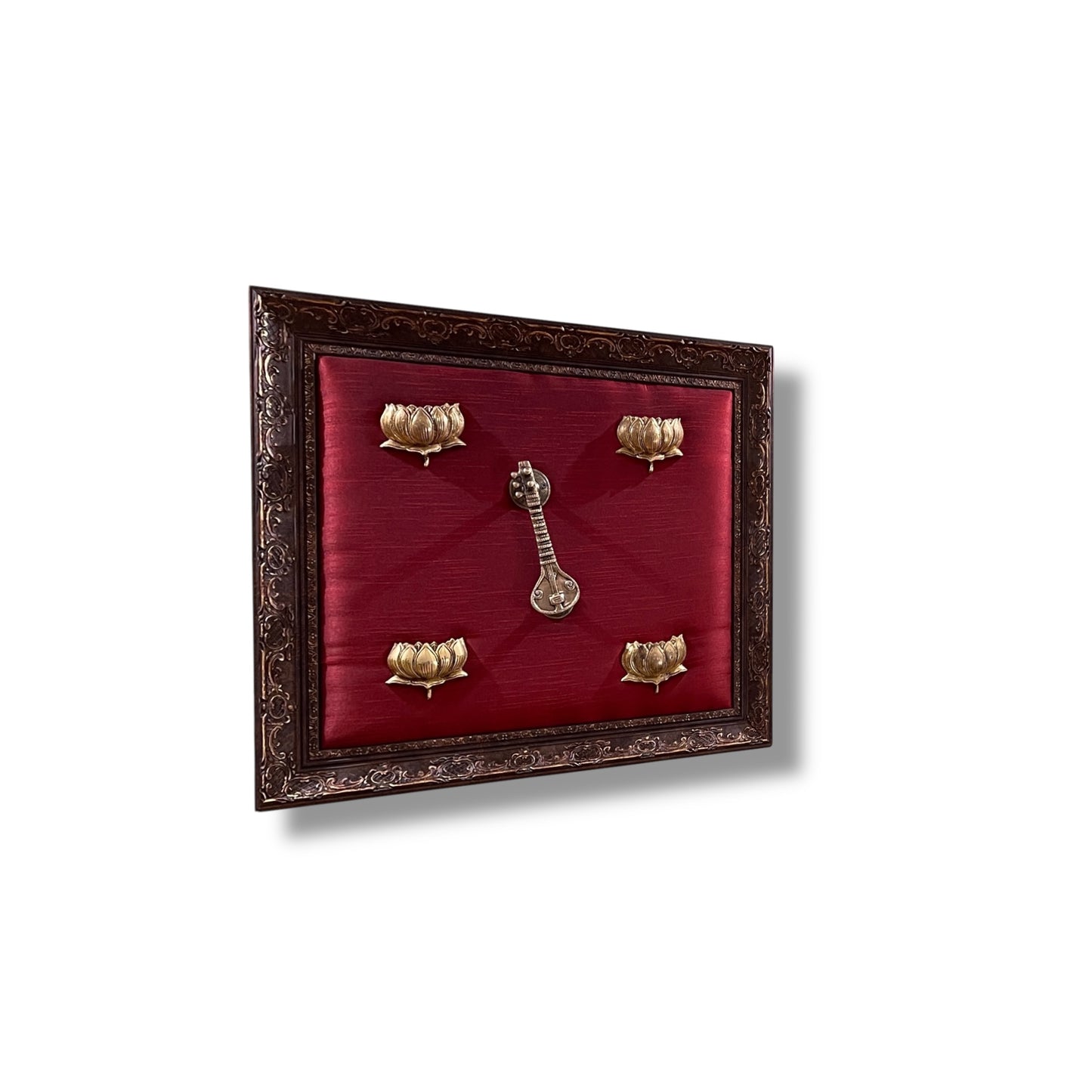 Brass Veena with 4 Lotus on Red Silk Backdrop in Moulded Frame