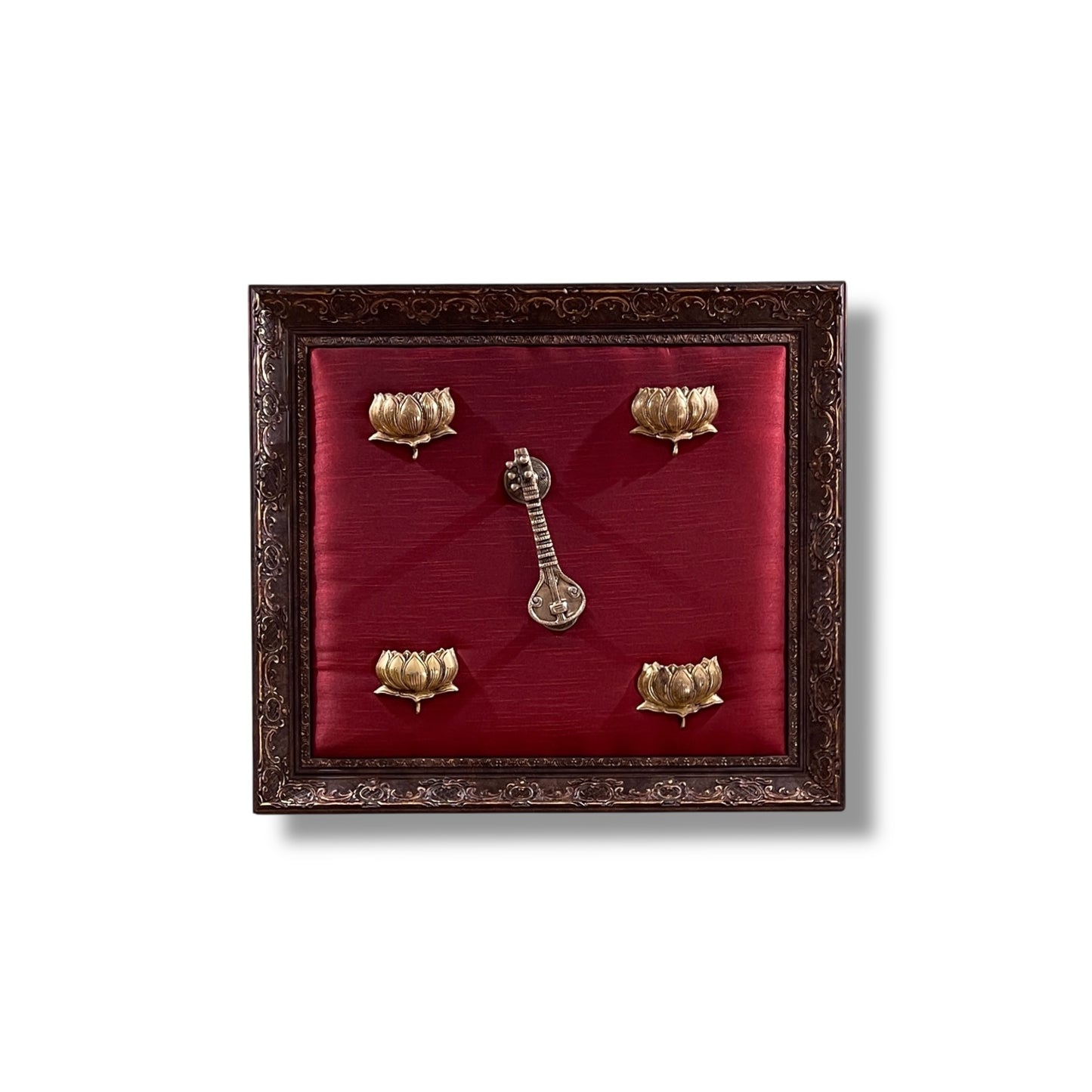 Brass Veena with 4 Lotus on Red Silk Backdrop in Moulded Frame