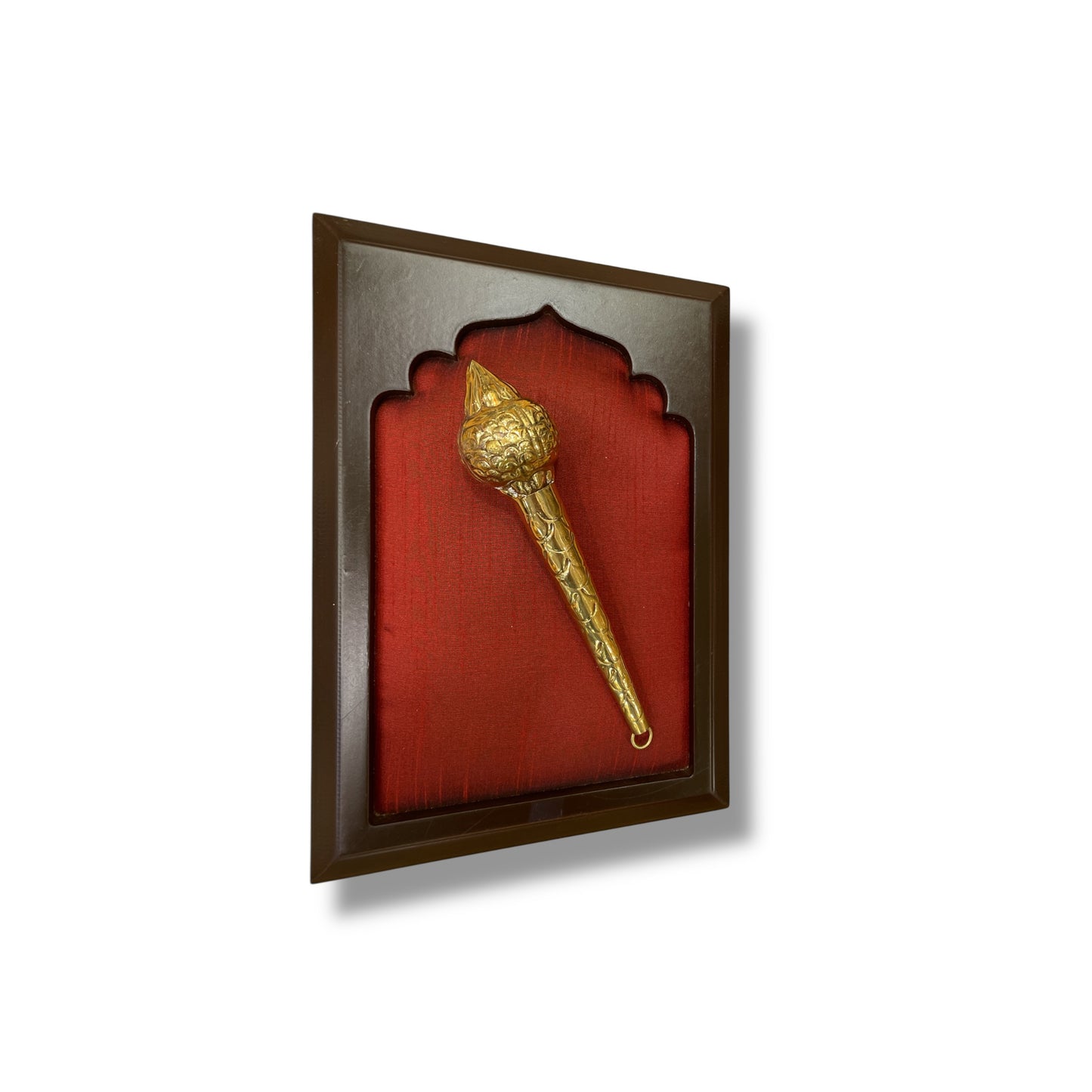 Brass Gadha on Red Silk in Wooden Frame
