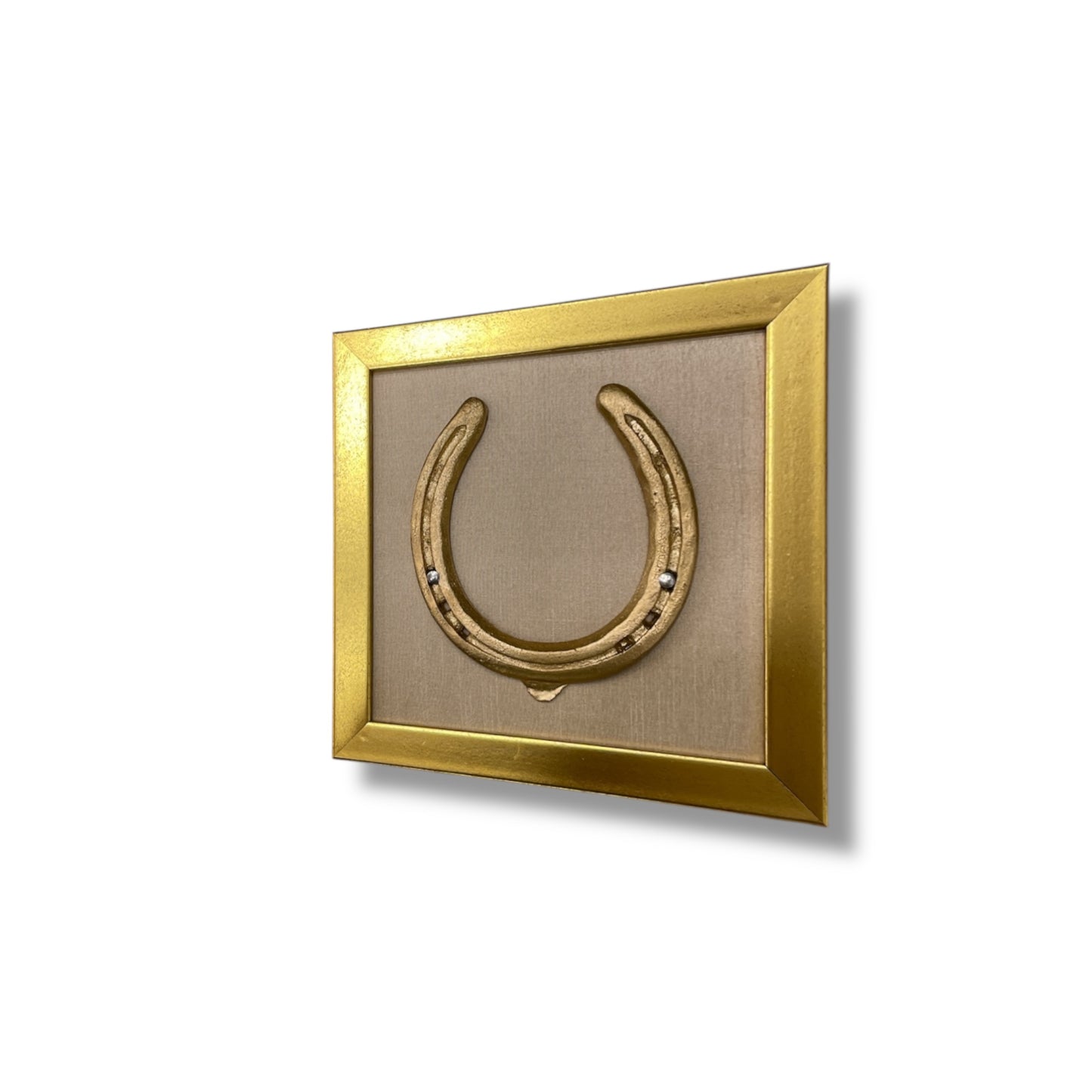 Good luck brass horse shoe with beige silk background