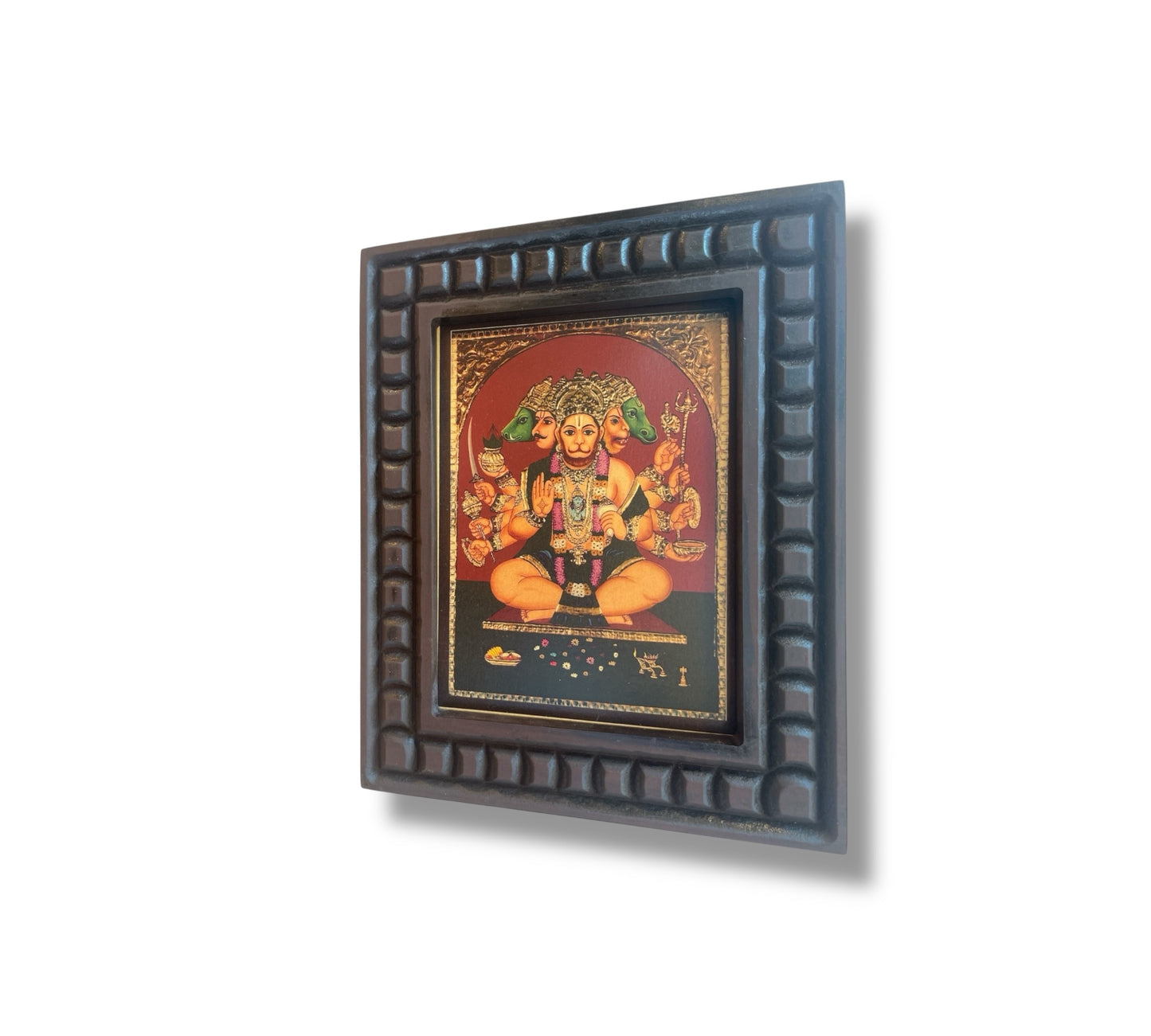 Gold Leafed Art Panchmukhi Hanuman With Wooden Frame