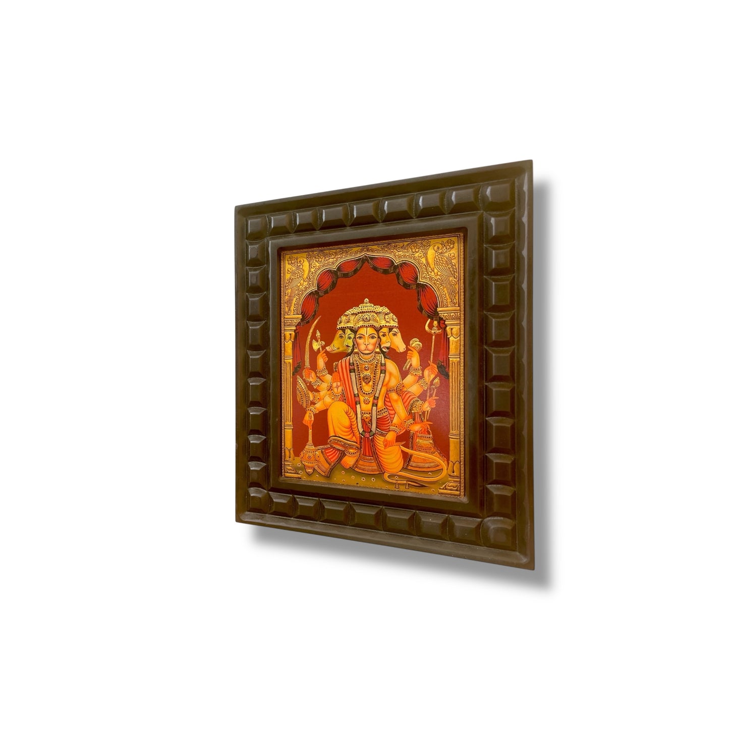 Gold Leafed Art Panchmukhi Hanuman - 2 With Wooden Frame