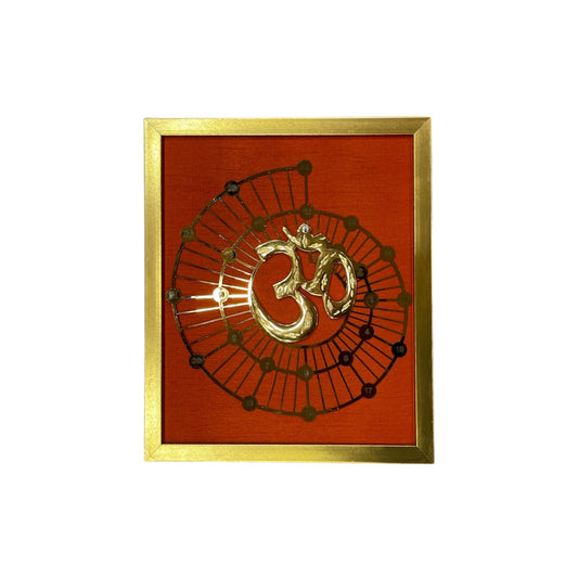 Brass Om & Fibonacci with Red silk in gold frame