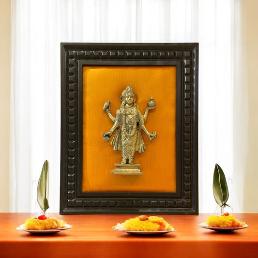 Brass Dhanvanthri on Golden Silk in Wooden Frame
