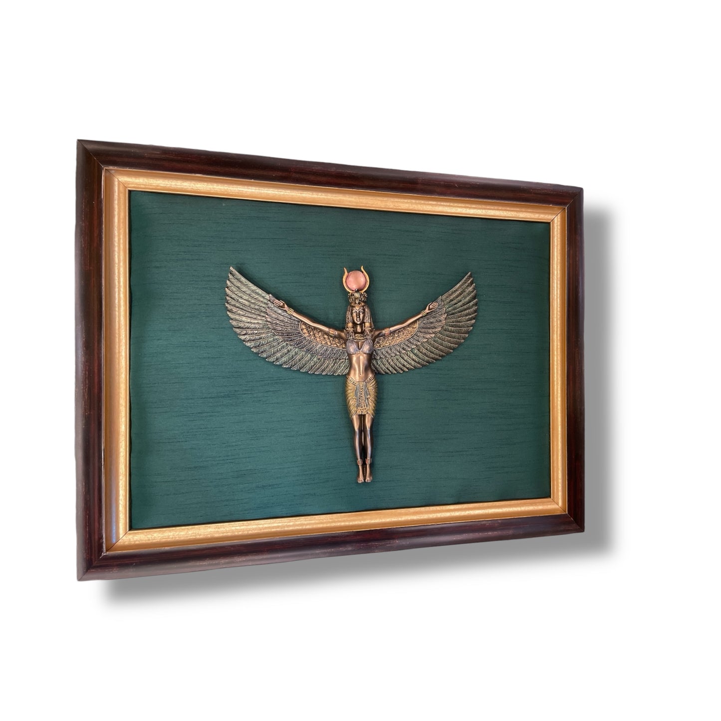 Egyptian Goddess Isis on Dark Green Silk with Moulded Frame