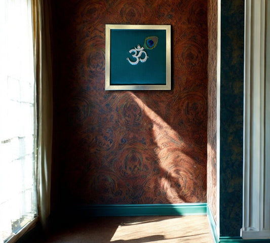 Silver Om on Green Silk in Antique Gold Frame with Certificate