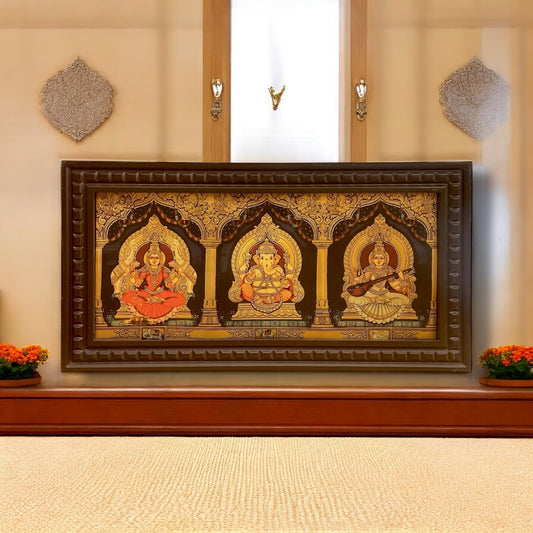 Ganesha Lakshmi Saraswati -2 Gold foiled art within Wooden Frame