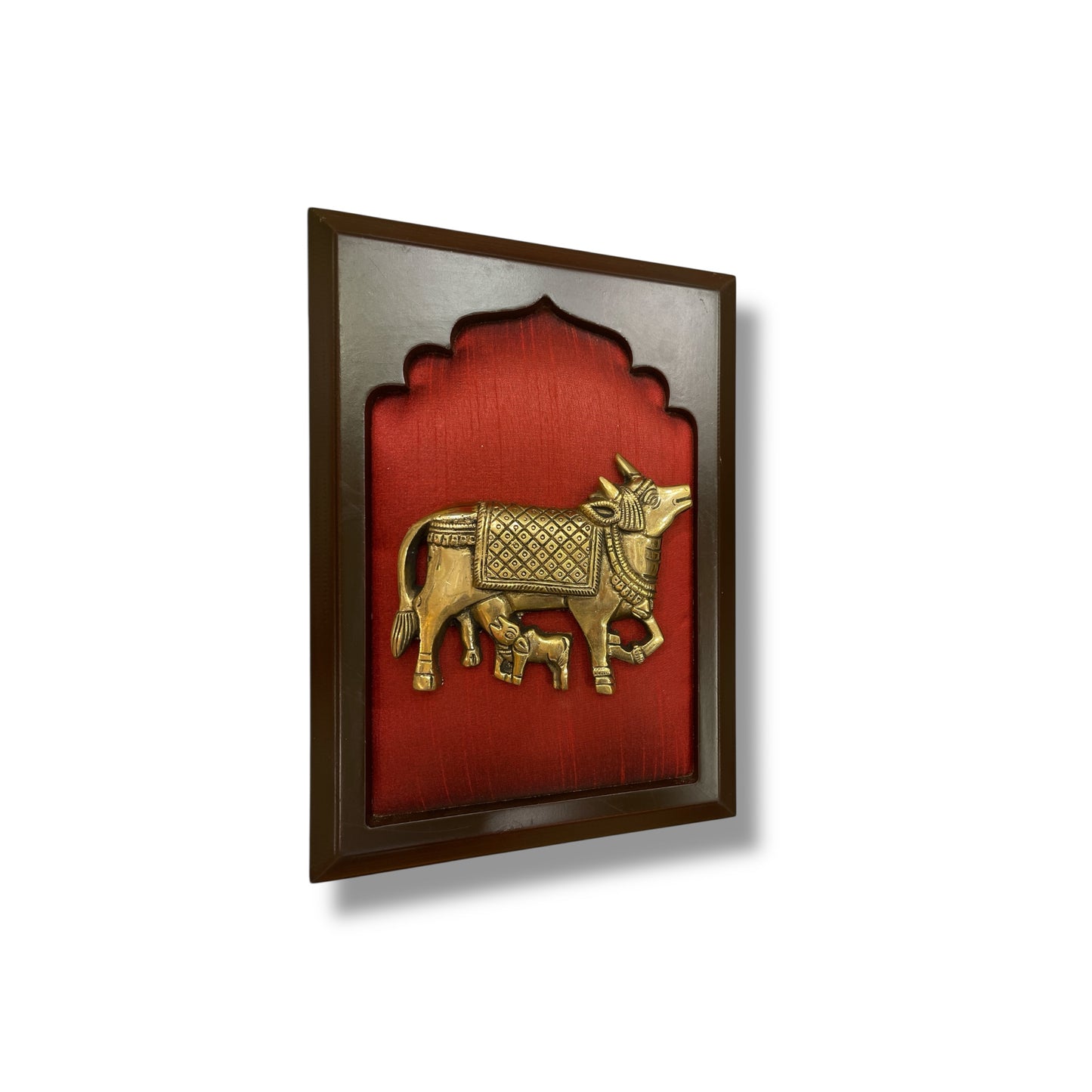 Brass Kamadhenu Cow and Calf on Red Silk in Wooden Frame