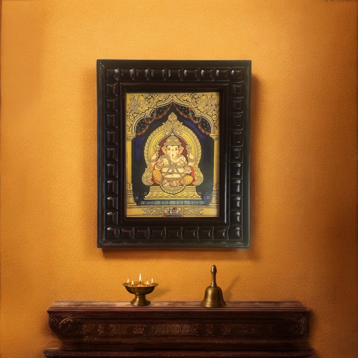 Shree Ganesha Gold Leafed Art With Wooden Frame