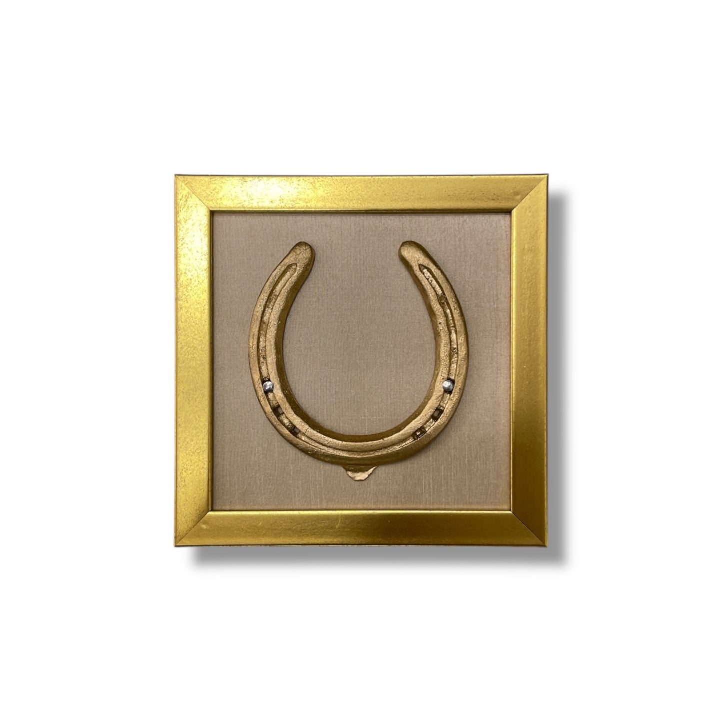 Good luck brass horse shoe with beige silk background