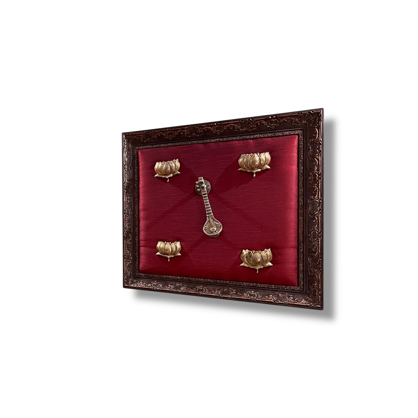 Brass Veena with 4 Lotus on Red Silk Backdrop in Moulded Frame