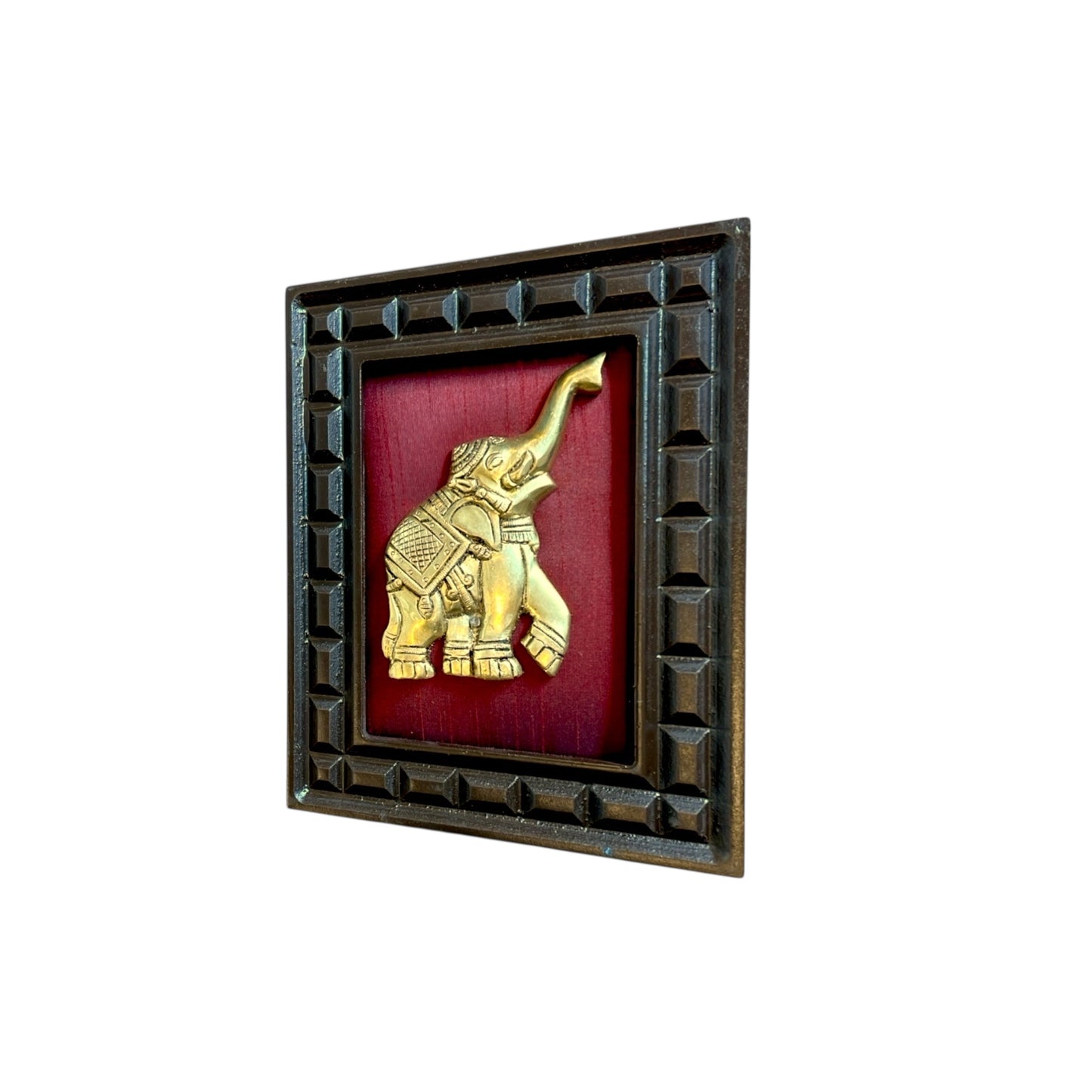 Brass Elephant on wine Red Silk in Wooden Frame