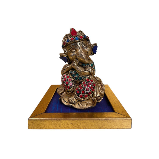 Handcrafted Lord Ganesha Idols with Colorful Stones 2 – Brass Finish on Blue Silk Base
