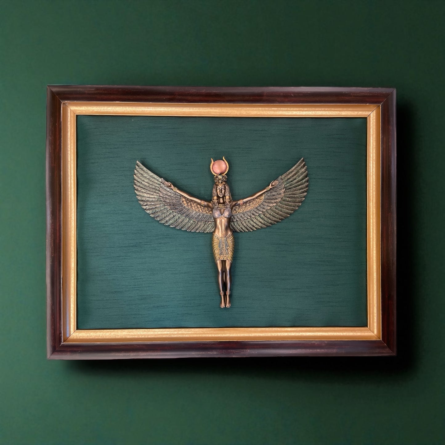 Egyptian Goddess Isis on Dark Green Silk with Moulded Frame