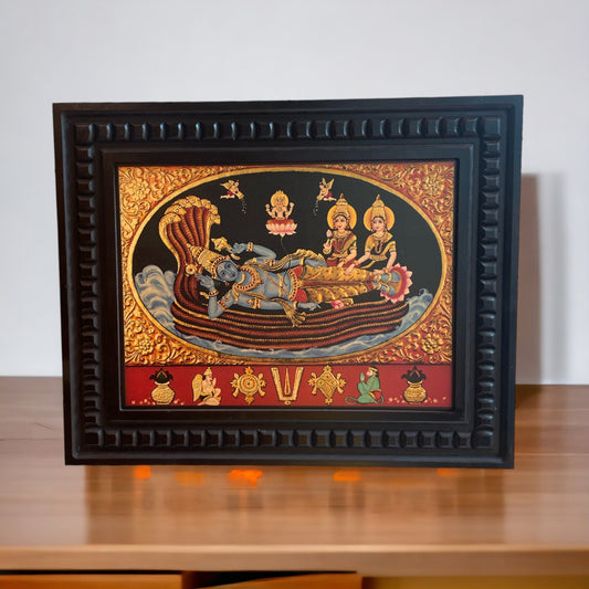 Ananthasayanam (Mahavishnu with Sridevi and Bhoodevi) Gold Leafed Art With Wooden Frame