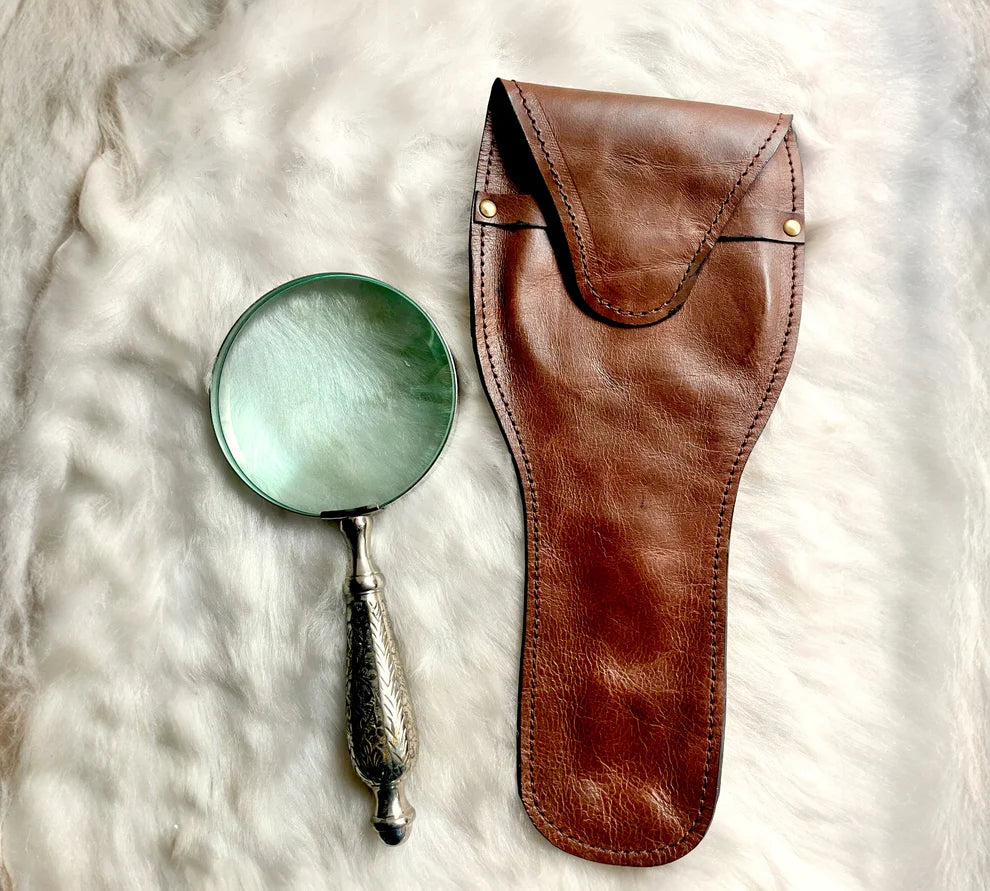 Antique Magnifying Glass Bronze and mother of pearl inlay work optional Leather Bag