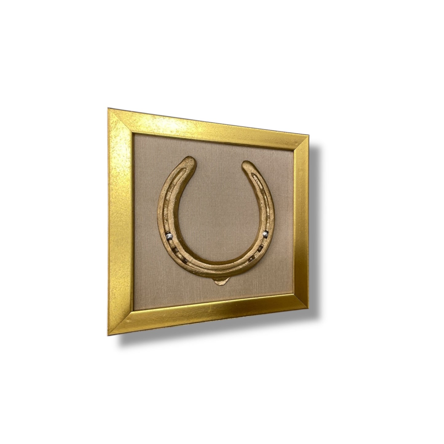 Good luck brass horse shoe with beige silk background