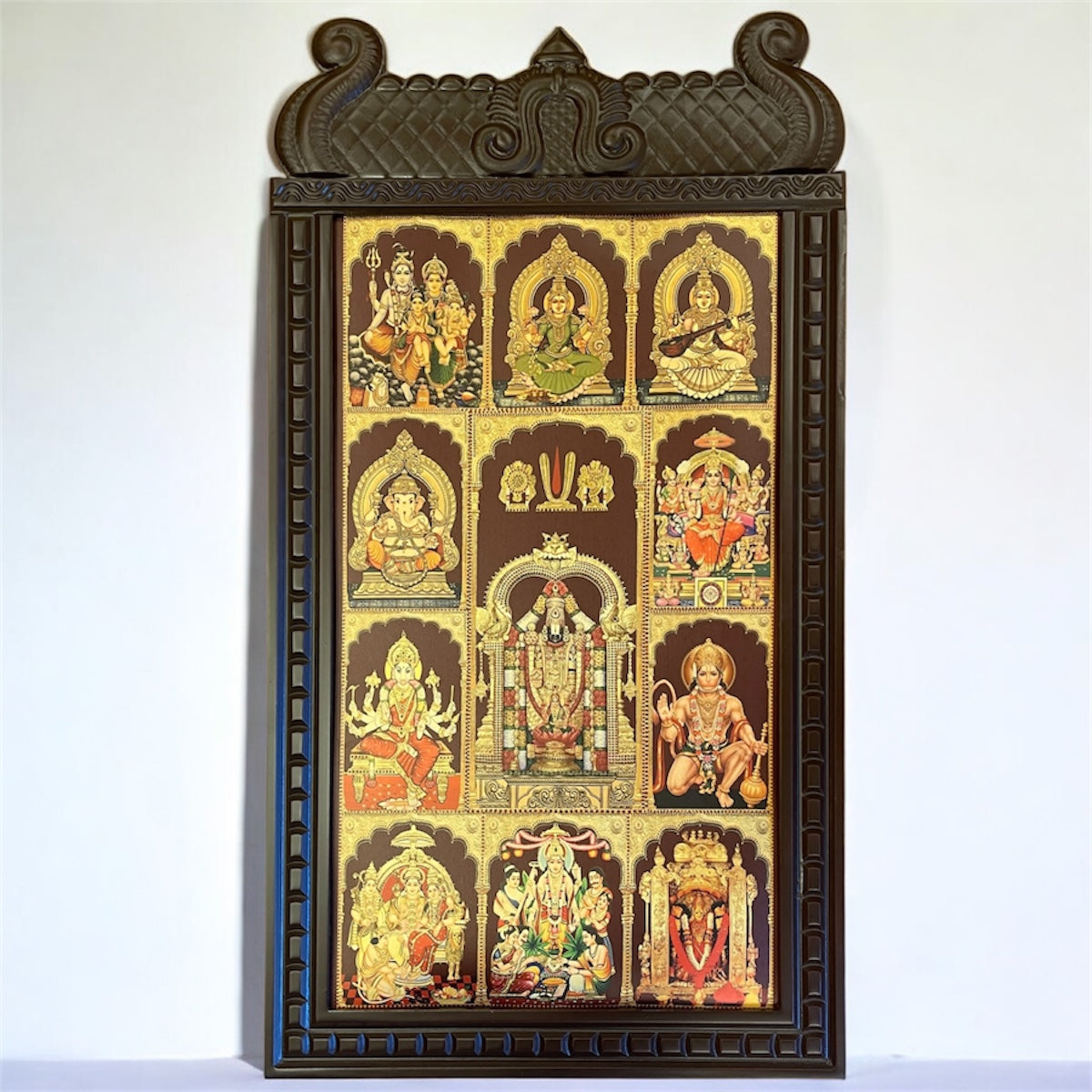 Gold-Leafed 11 Gods in One Frame – Tirupati Balaji, Shiva Parivaar, Lakshmi, Saraswati, Temple-Style Pooja Room Digital Artwork