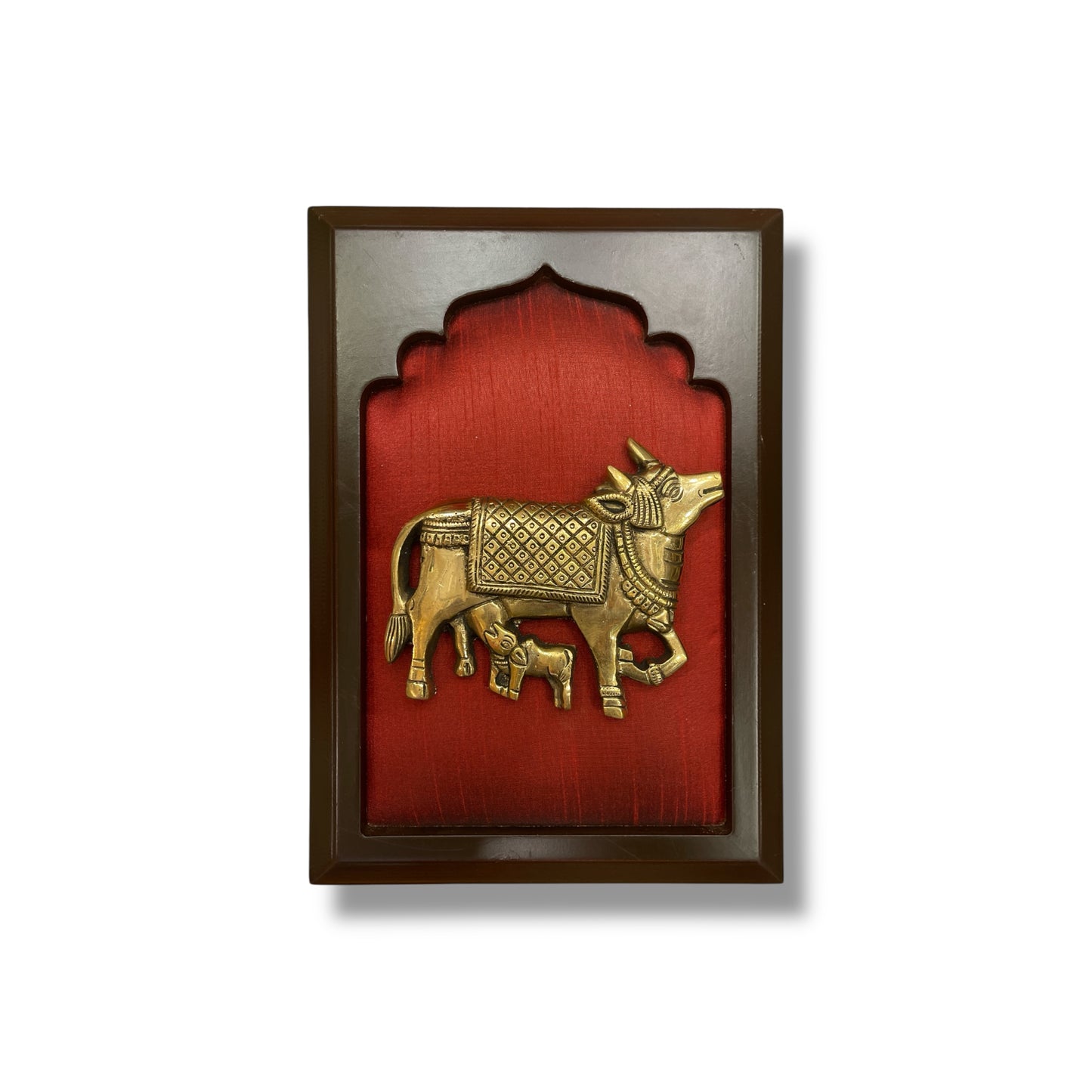 Brass Kamadhenu Cow and Calf on Red Silk in Wooden Frame