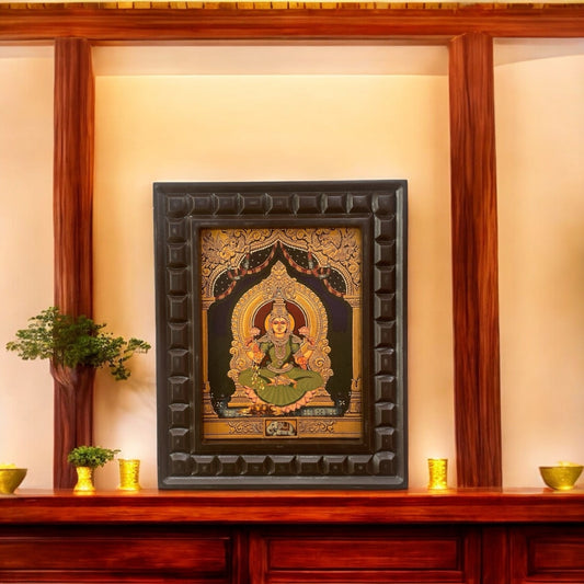Shree Lakshmi-2 (Green Saree) Gold Leafed Art within Wooden frame