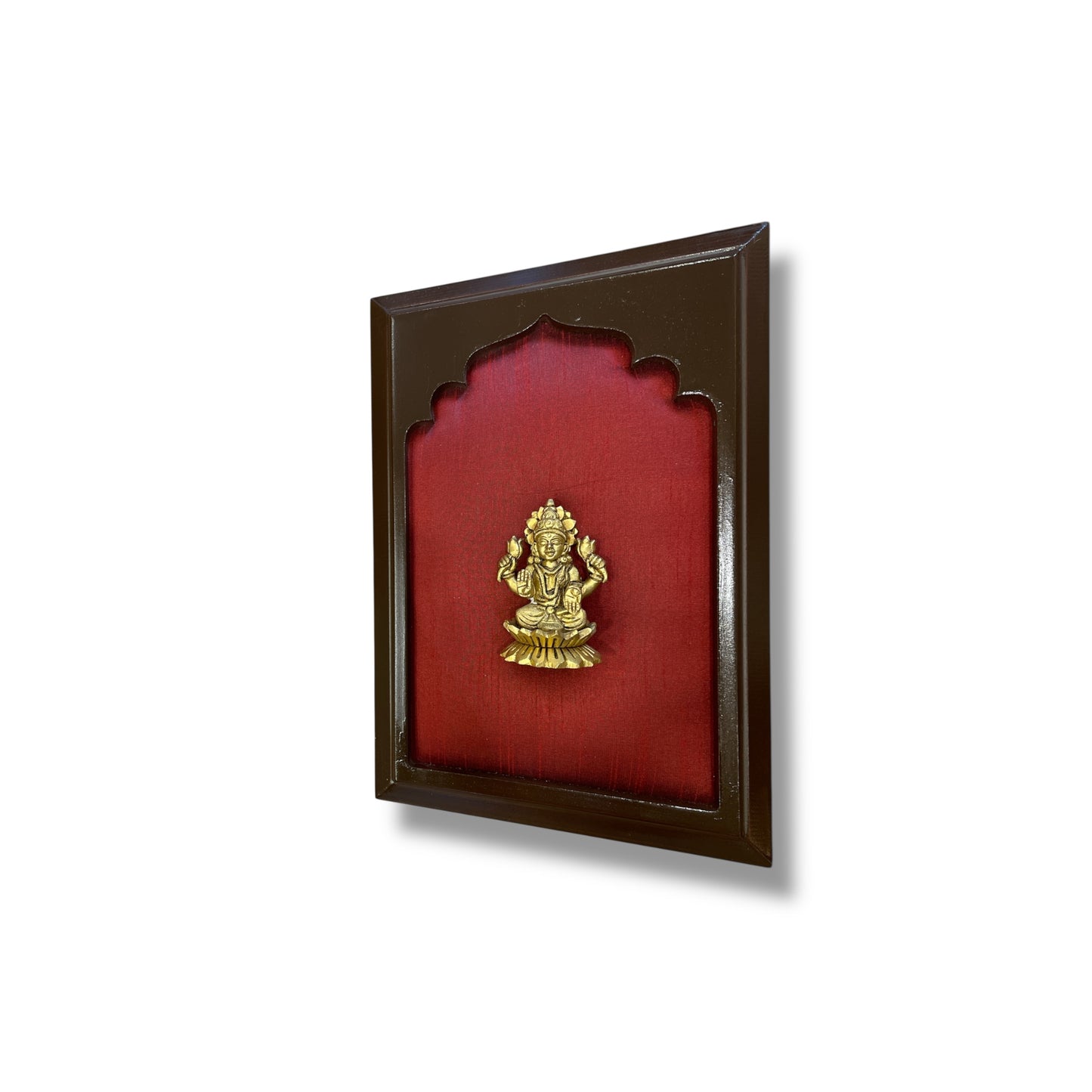 Brass Lakshmi Miniature Sculpture on Red Silk in Wooden Frame