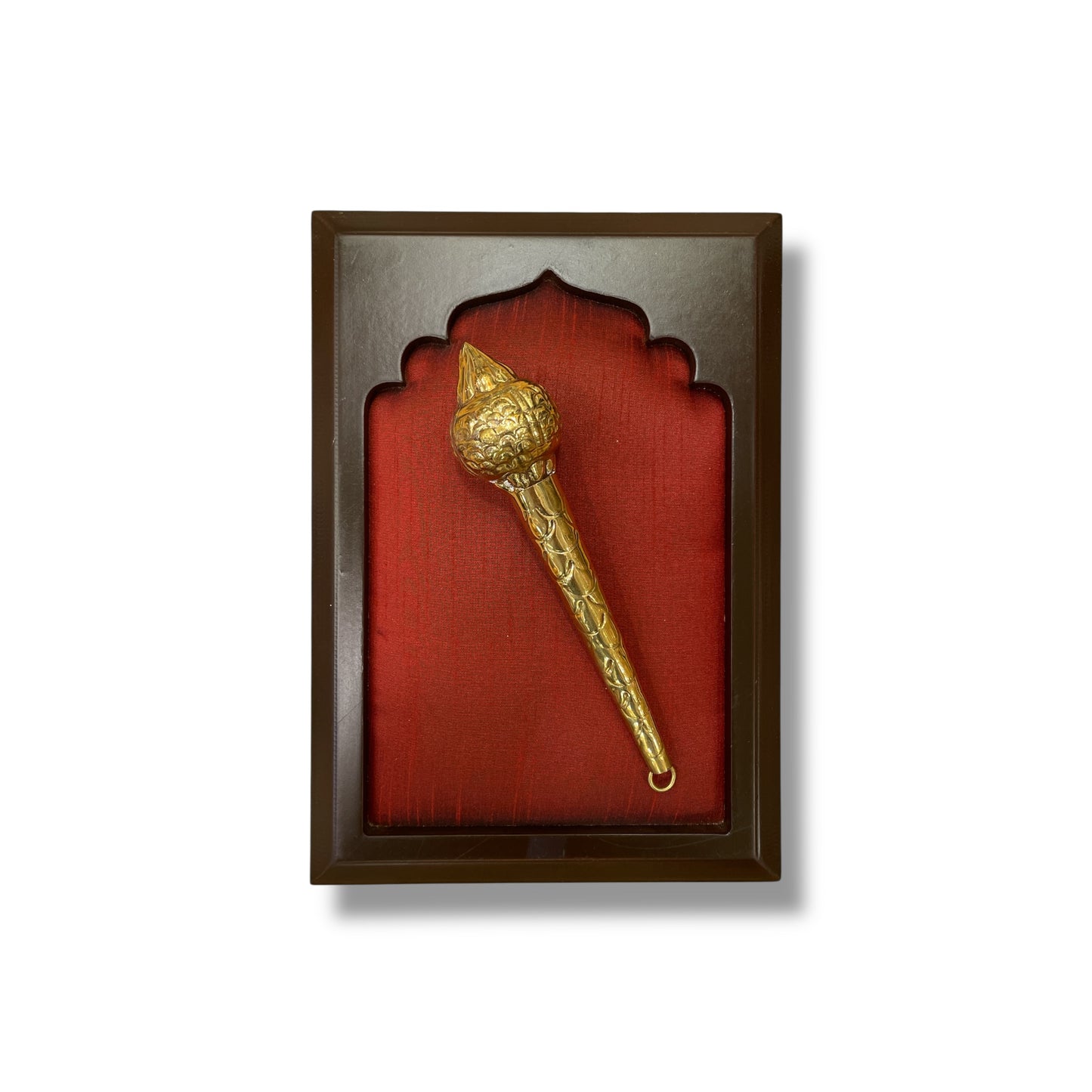 Brass Gadha on Red Silk in Wooden Frame