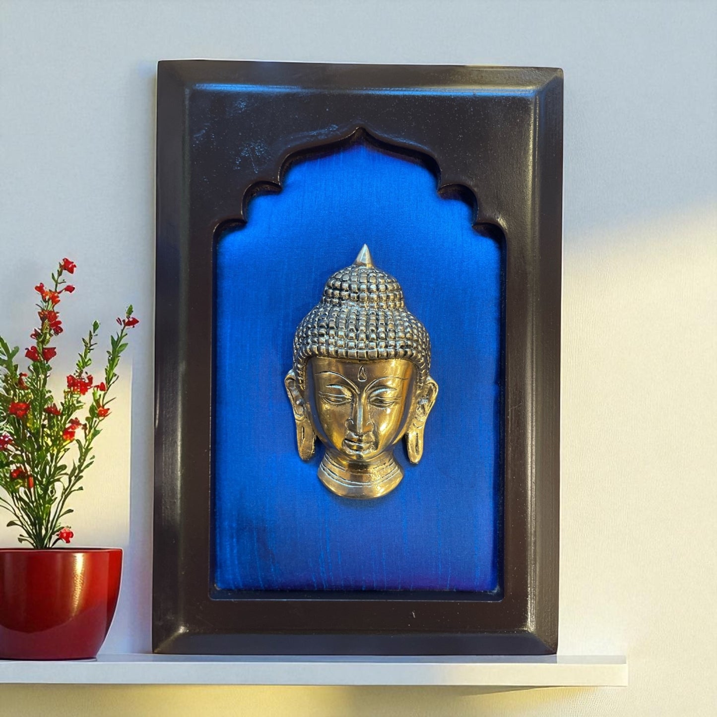 Brass Budha Blue silk in wooden frame