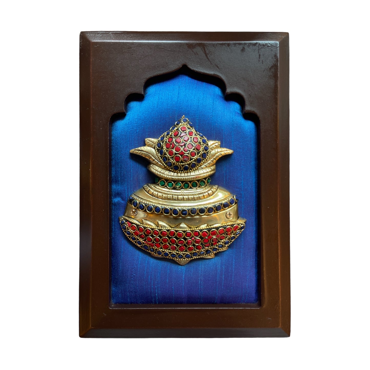 Brass kuber kalash with stone work on Blue silk in wooden frame