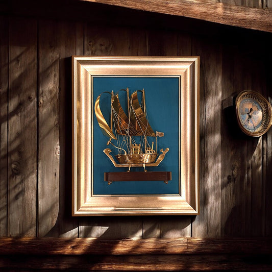 Brass Ship with Blue Silk in Gold Frame