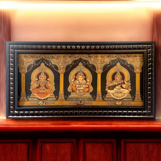Ganesha Lakshmi Saraswati Gold foiled art within Wooden Frame