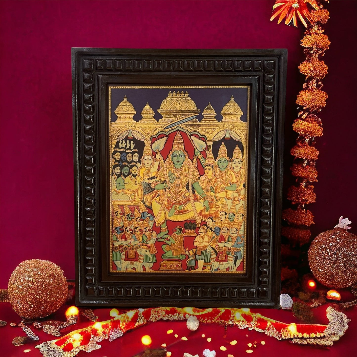 Rama Pattabhishekam Gold Leafed Art With Wooden Frame