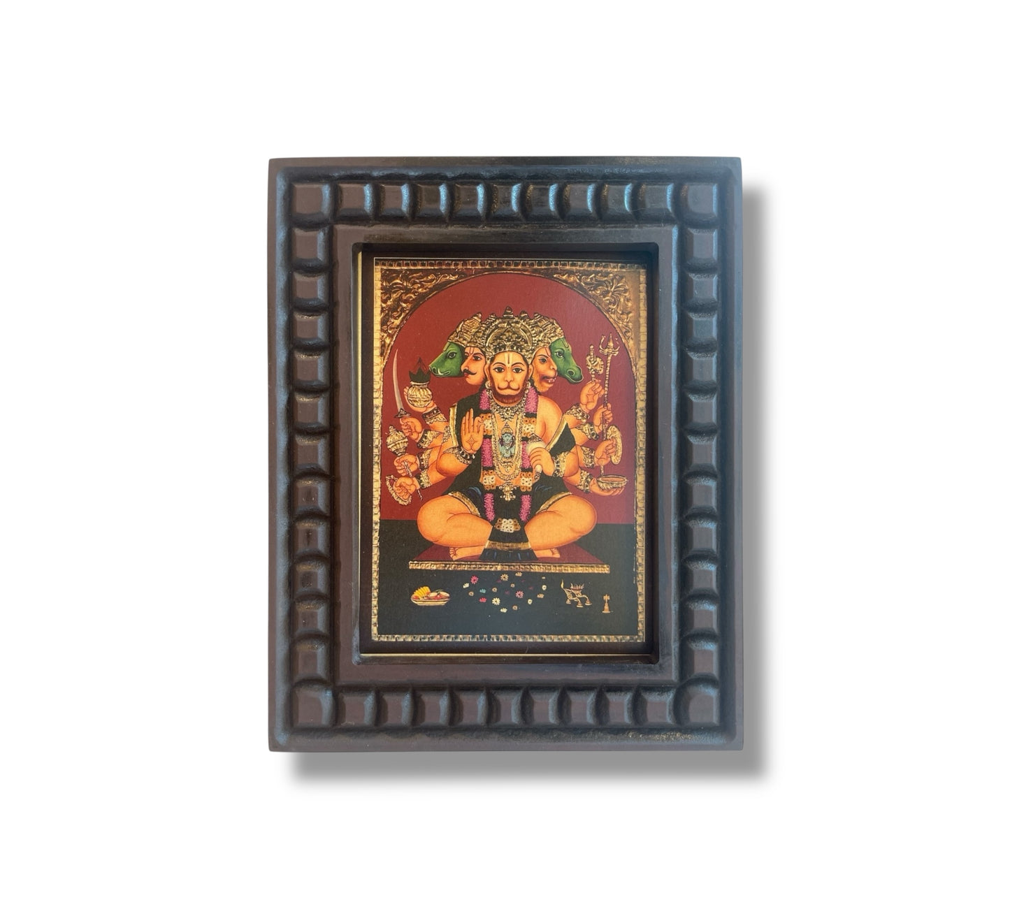 Gold Leafed Art Panchmukhi Hanuman With Wooden Frame