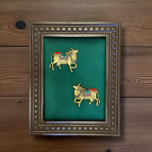 Brass Kamadhenu with stonework & Green Silk in Wooden frame