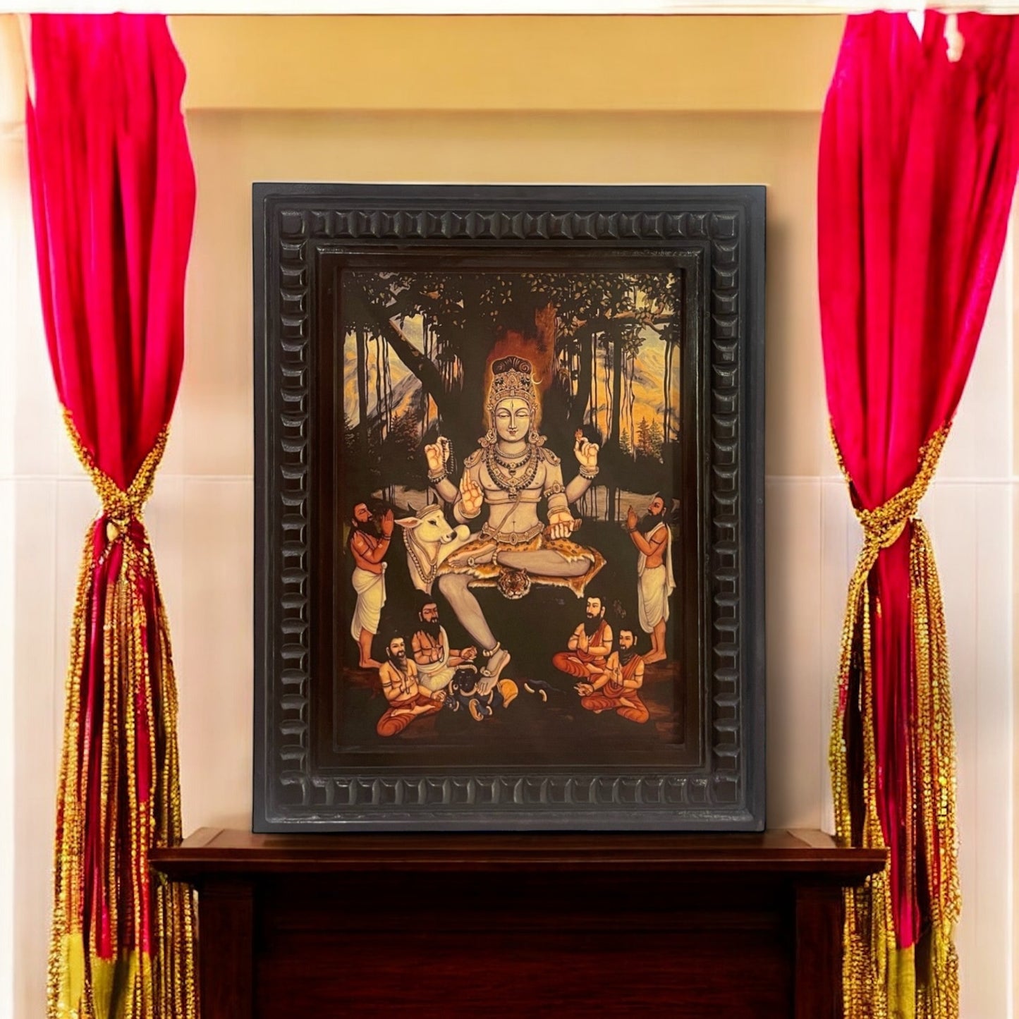 Shiva: Gold Leafed Art Dakshinamurthy With Wooden Frame