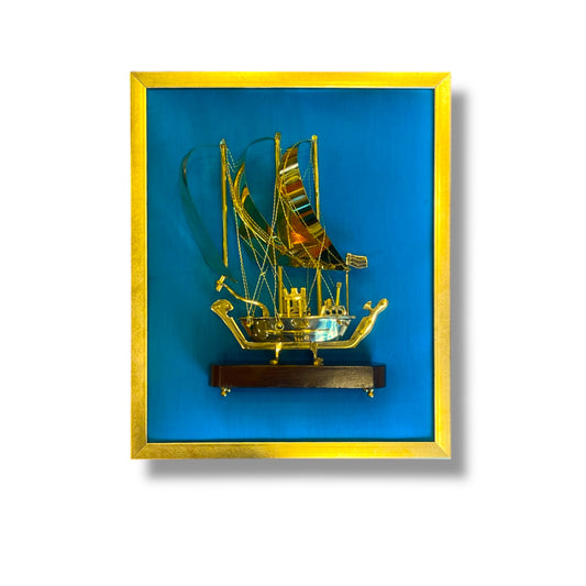 Brass Ship with Blue Silk in Gold Frame